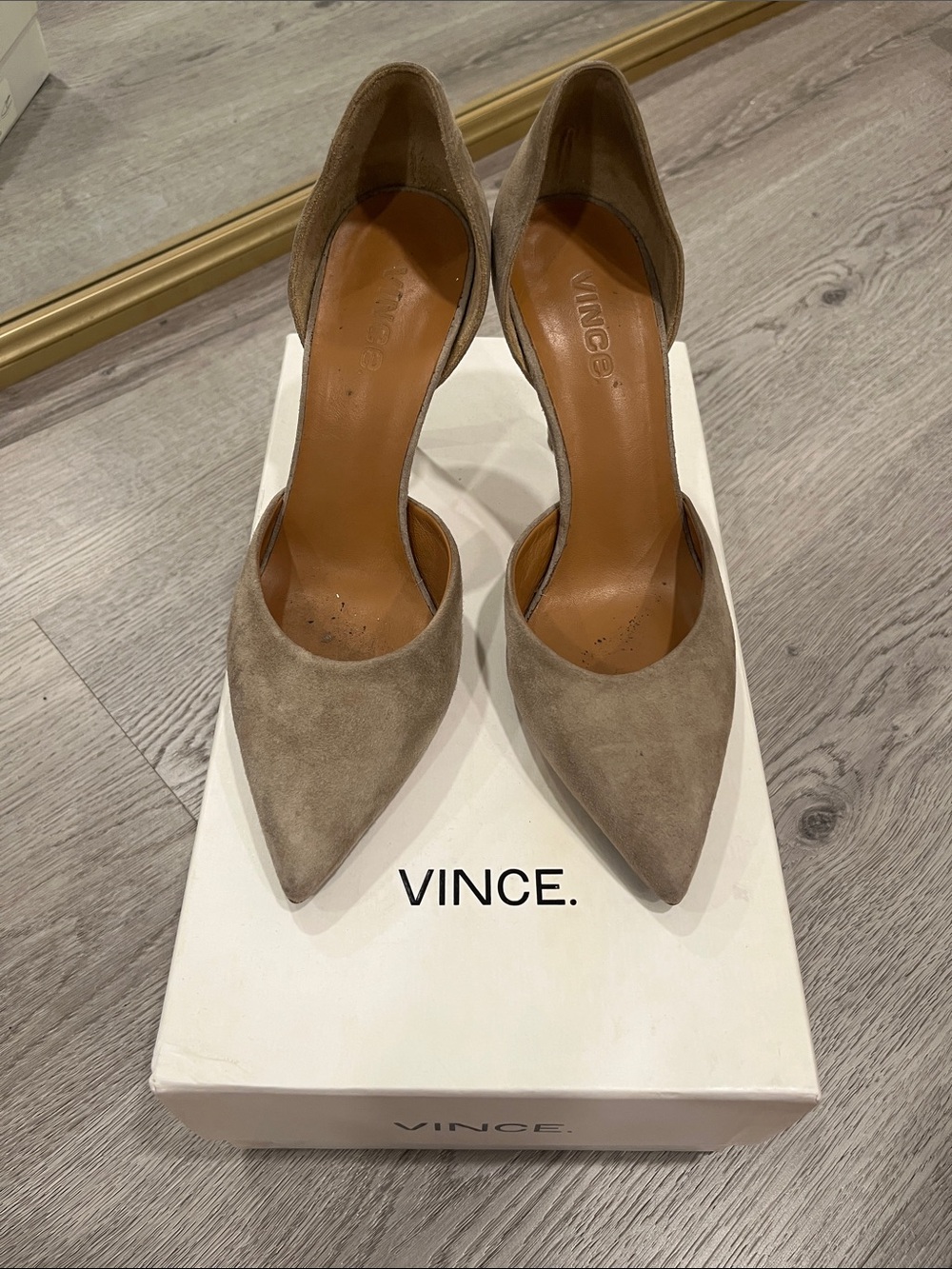 Vince Celeste Taupe Gray Suede D’Orsay Pointed Toe Pumps